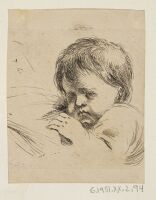 Bust of a child with his left hand near chin, turned towards the left