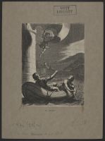 A man and woman in a boat on a river by moonlight, with a figure leaping down from a tower
