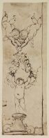 Design for an upright decorative panel with three angels holding  a garland