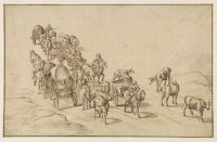 Peasants with cattle and wagons on a road