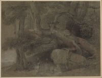 Indian landscape with people drawing water from a spring (recto)