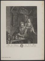 Tavern interior with a man sat at a table with a hurdy-gurdy on it