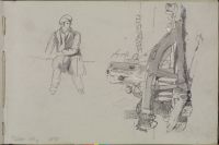 Seated man and cabestan with worker