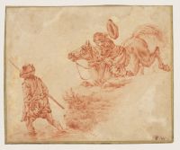 Figure on a horse and another wading in a stream with a walking stick
