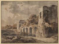 Landscape with ruined bridge and cattle, herdsman and dog by the side of a river