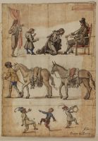 Studies of a figure kneeling before another, a horse and donkey returning from the hunt and cavorting children
