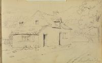 Sketch of a house and trees with mountains in the background
