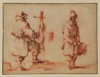 Two street traders, one with a basket and the other standing by  a carcass