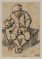 Peasant seated at table with a glass