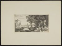 Landscape with a river and a bridge, with horses and riders in the foreground