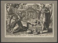 An Angel of the Lord touches Gideon's sacrifice with a staff and  sets it on fire