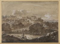 Landscape with figures feeding swans in a pond, a cityscape on a hill in the background