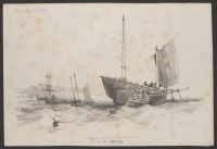 Sailing boast at sea with cliffs and shore in the distance
