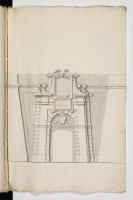 Front elevation of a military gateway with an inscription  mentioning Grand Master Ramon Perellos Y Rocafull