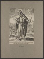 Saint Bartholomew with a scene of his martyrdom by flaying in  the background