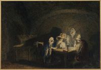 Interior - three women doing needlework and reading at a table by candlelight