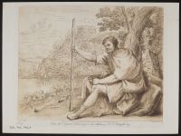 Landscape with a man sat by a river, holding a stick