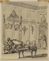Interior of a room with a gentleman seated on a divan