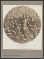 Standing woman drinking from a bowl attended by figures in a boat