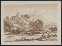 Landscape with a figure confronted by an angel in the foreground, with cattle and a herdsman and a castle behind (Hagar and the Angel?)