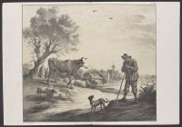 Shepherd leaning on his staff, a cow, sheep and dog beside him
