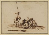 Group of four soldiers playing cards, and one looking on