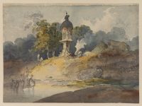 Indian riverside village with washerwomen and shrine