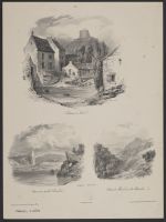 A village scene with a castle in the background, and two  landscape scenes