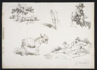 Studies of figures and animals, and a horse drinking at a trough