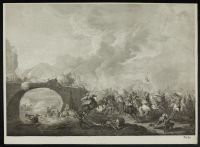 Battle scene - cavalry advancing over a bridge, horses falling  in the water