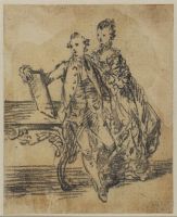 Study of a man and a woman leaning against a table reading a document