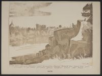 View across the Tiber with the dome of St Peter in the left  background, two figures at top of a high river bank in the right  foreground