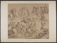 Scene with male figures on horseback battling lions