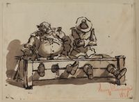 Two men in the stocks (recto)