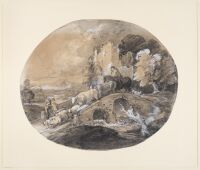 Wooded landscape with herdsman driving cattle over a bridge, and a ruined castle