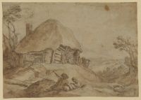 Landscape with cottage, two resting figures in foreground