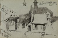 Village scene, with houses and a church