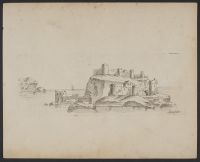 A castle on an island in the sea, with another castle and a sailing ship in the distance