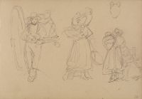 Studies of a drover resting by a cart, and of women carrying baskets and large pots
