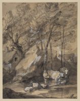 Wooded landscape with figures, cattle and cottage