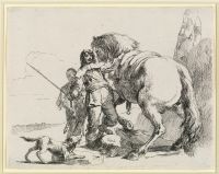 Man with a horse and groom