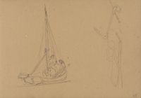 Small sailing boat with three men; Study of anchor and logs