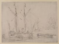 Estuary scene: three galliots, a barge and a frigate firing a salute