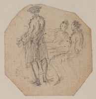 Back view of a standing man, a seated man and woman on the right
