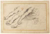 Figure of a man bending forward with the right arm outstretched; three studies of the right arm, and one of the left hand for the  same figure
