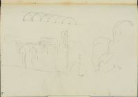 Flyleaf with a Building in Wooded Landscape, and of Arches (recto)