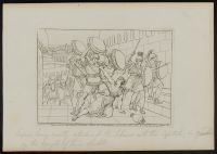 Tarpeia, fallen to the ground, is crushed by the Sabines' shields