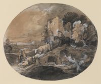 Wooded landscape with herdsman driving cattle over a bridge, and a ruined castle