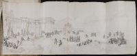 Carapecchia's Pratica delle machine de'Teatri. Perspective  drawing of a grand Roman banquet with figures and palatial  buildings