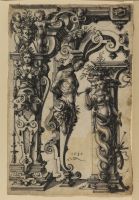 Three designs for architectural details on columns with hybrid figures
